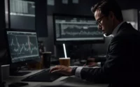 a marketer analyzing graphs on a computer to optimize local business listings.
