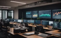 a bustling digital marketing office with multiple computer screens displaying colorful graphs and analytics.