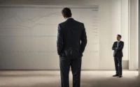 a business person stands before a growth chart, contemplating strategies for increasing click-through rates.