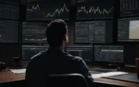 "a person sits at a computer with multiple browser tabs open and charts on the screen indicating website traffic analytics."
